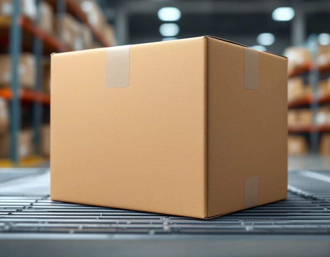 Cardboard shipping box on warehouse shelf showing cubic dimensions relevant to dimensional weight pricing