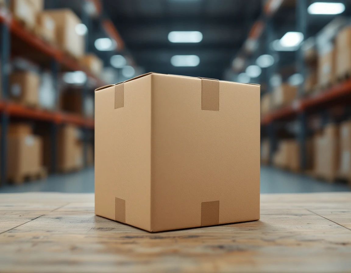 Cardboard shipping box on warehouse table showing dimensional proportions and cubic form