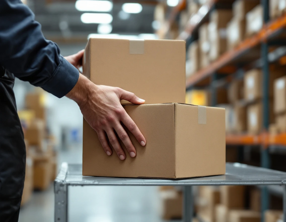 Warehouse worker's hands arranging plain cardboard boxes of different sizes on industrial shelving