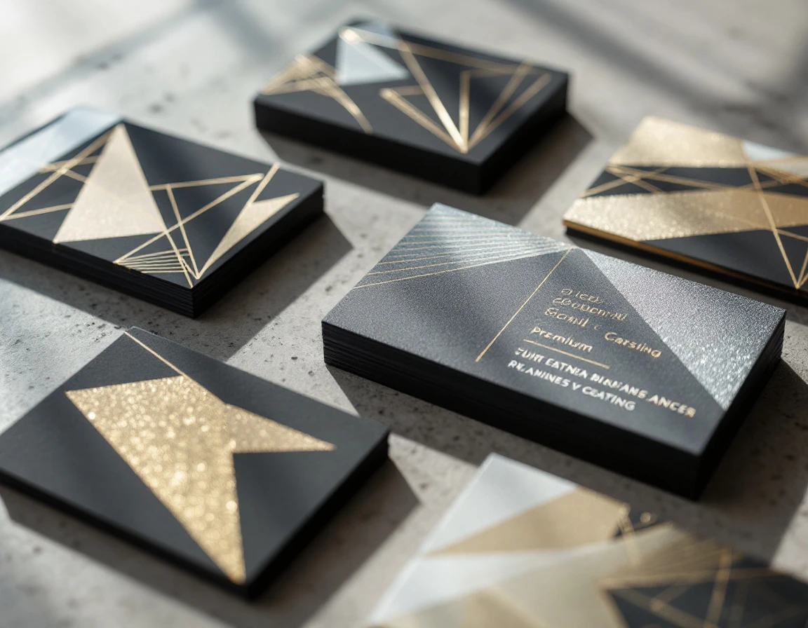Luxury business cards with gold foil stamping and embossed geometric patterns on concrete surface