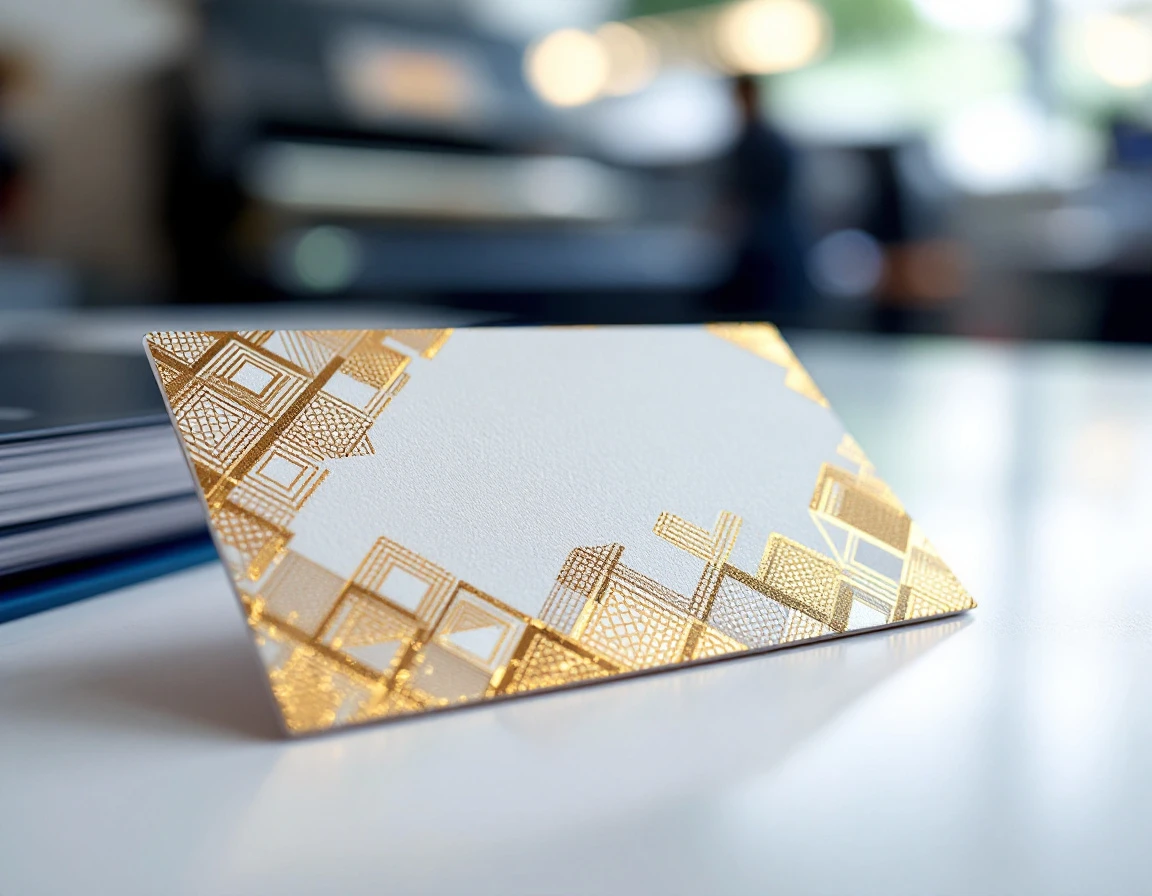 Premium business card with metallic foil embellishments and raised texture from specialized print finishing