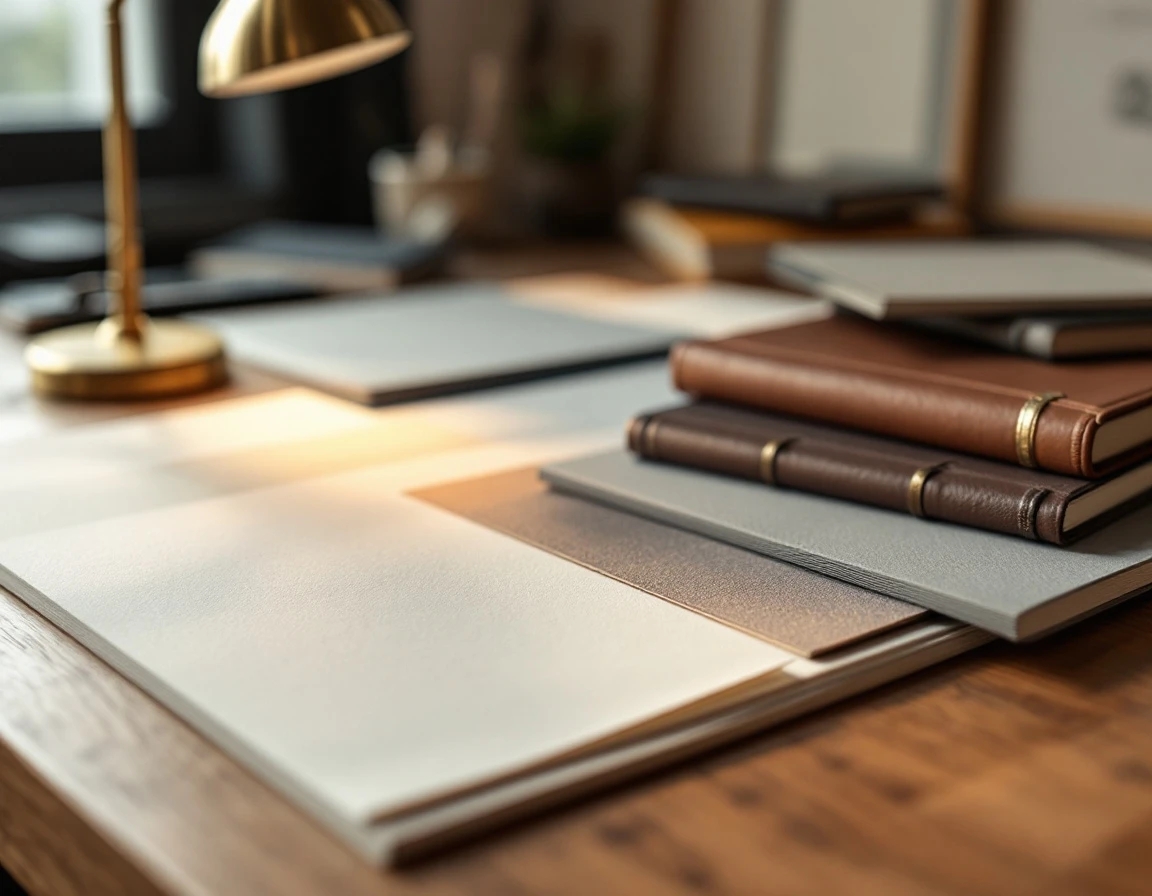 Textured paper samples with embossing and foil finishes arranged on print shop desk under warm lamp light