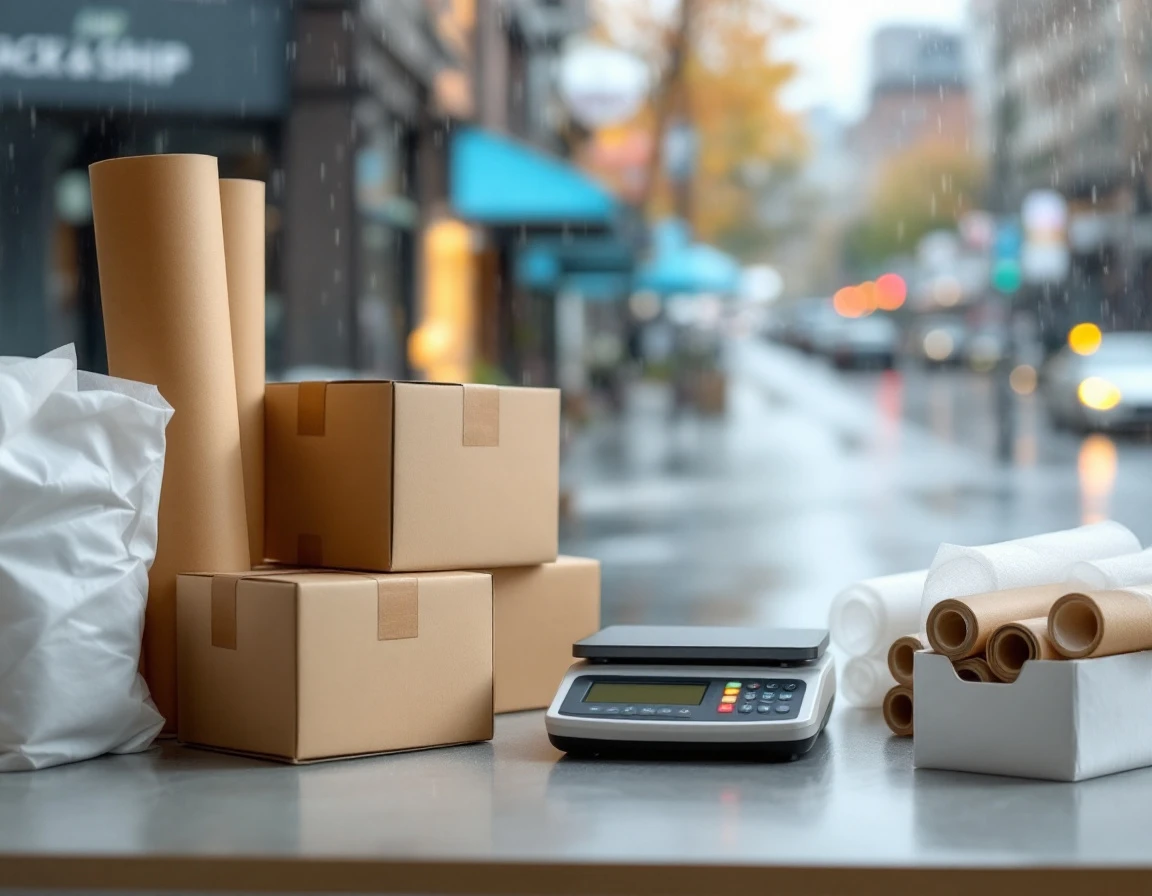 Shipping scale and blank packing materials on commercial workspace desk with rainy Seattle street visible through window