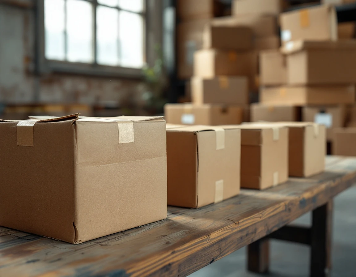 Three stacks of shipping boxes showing different conditions on warehouse table with natural lighting
