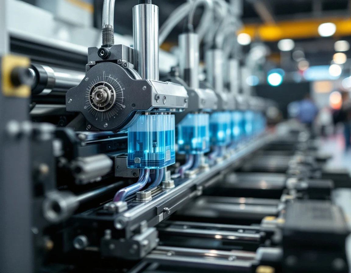 Digital printing press components showing print heads, ink delivery systems, and precision mechanical parts at trade expo