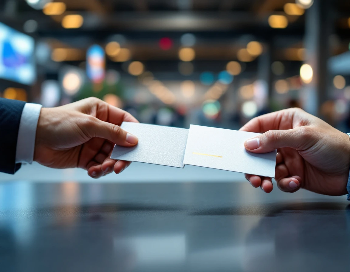 Professionals exchanging printed business cards at a printing industry trade show exhibition floor