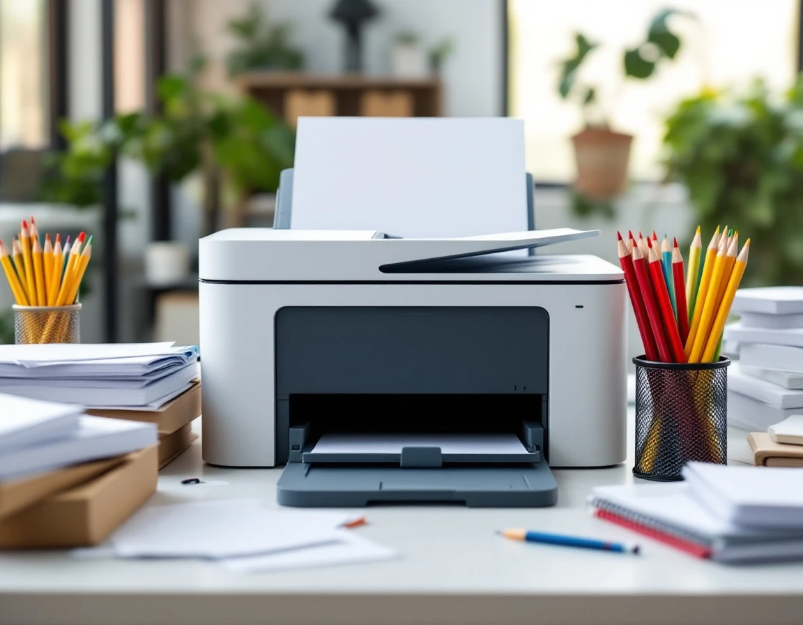 Desktop printer with back-to-school supplies and blank papers on clean office workspace