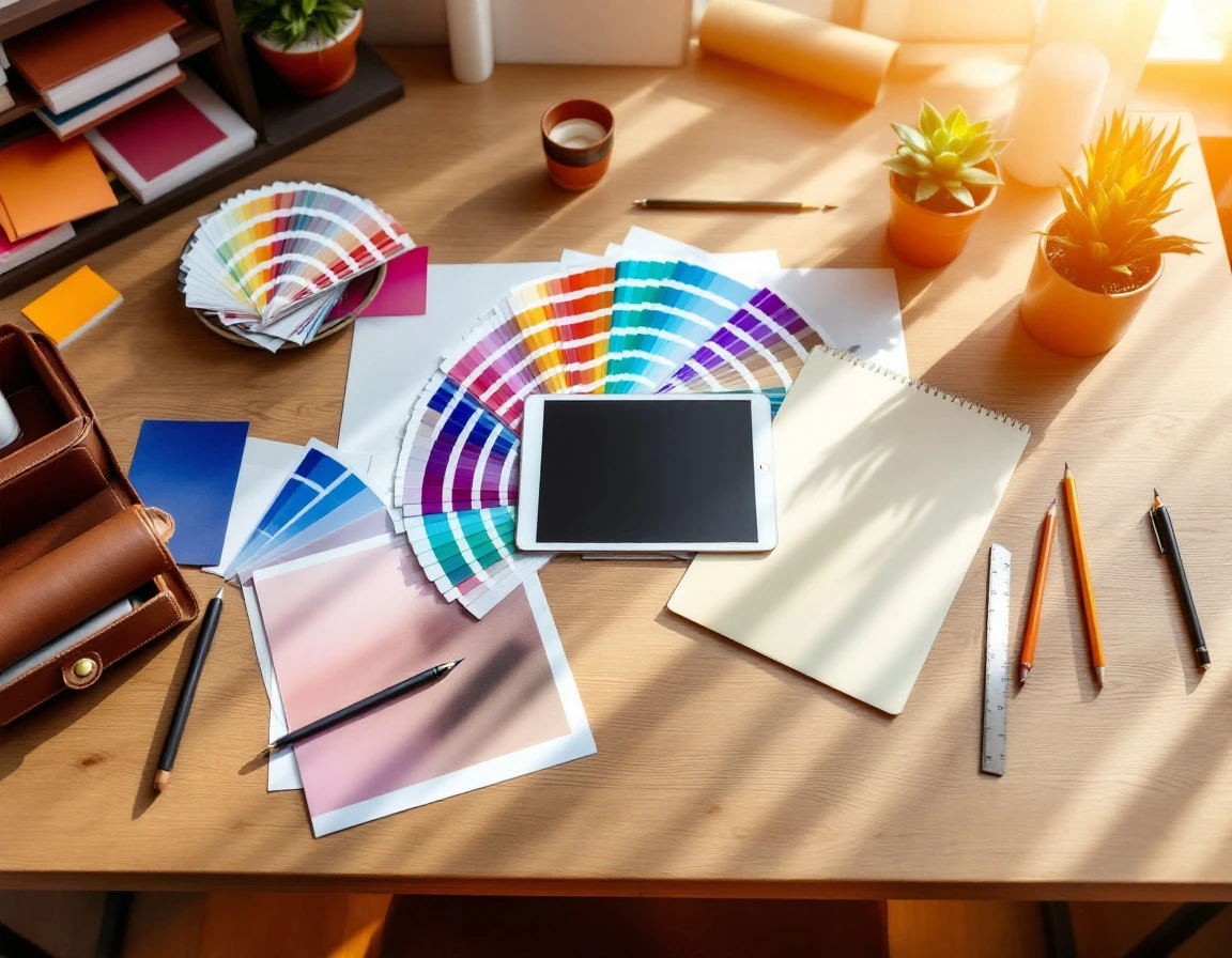 Print shop workspace with color swatches, paper samples, and planning tools on wooden desk