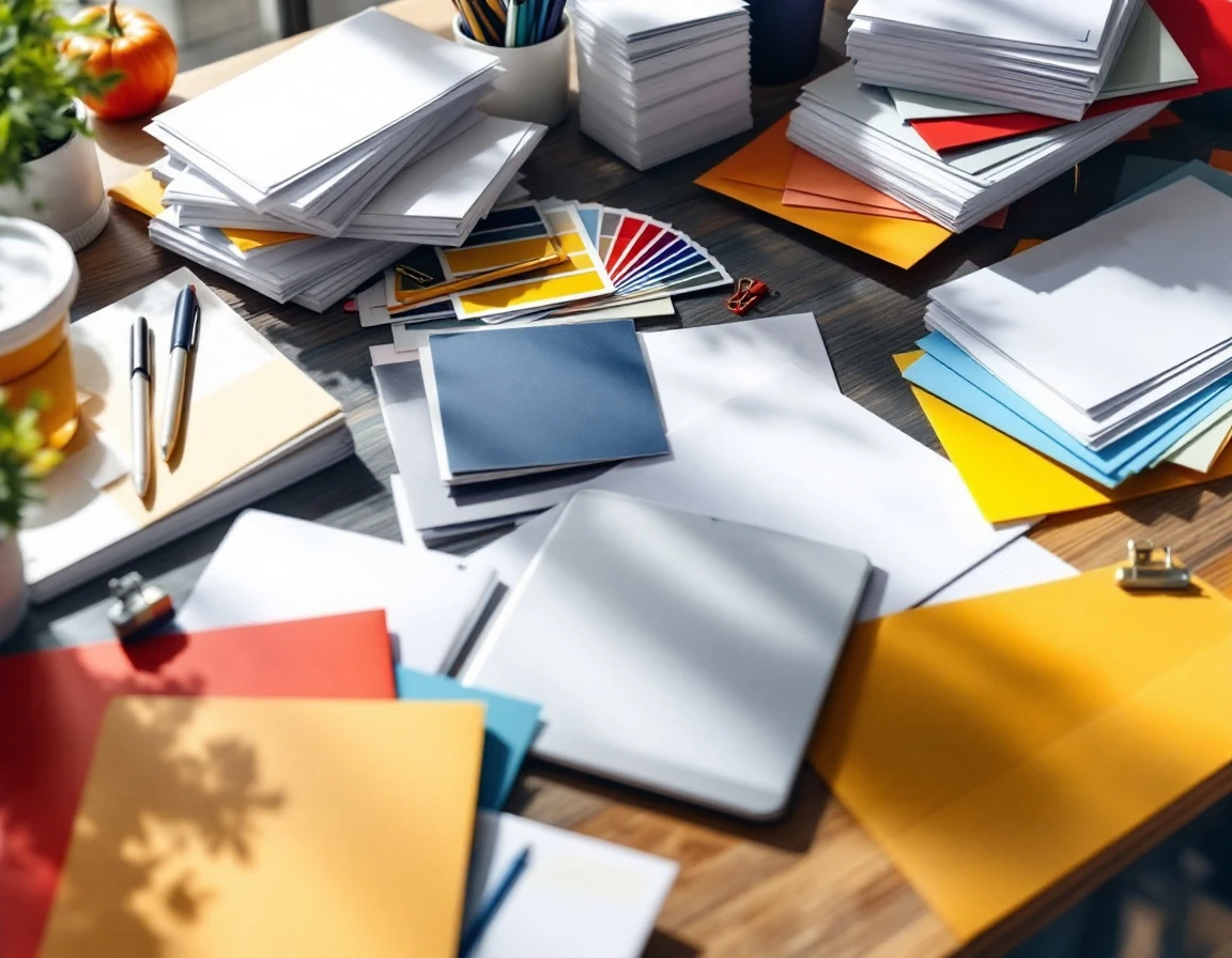Print shop workspace with organized envelopes, color swatches, and paper samples for back-to-school campaigns