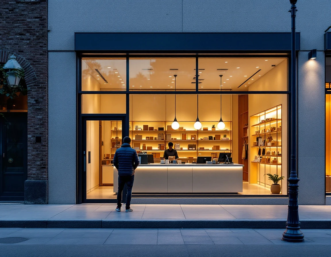 Modern pack-and-ship store with integrated POS infrastructure at evening hour