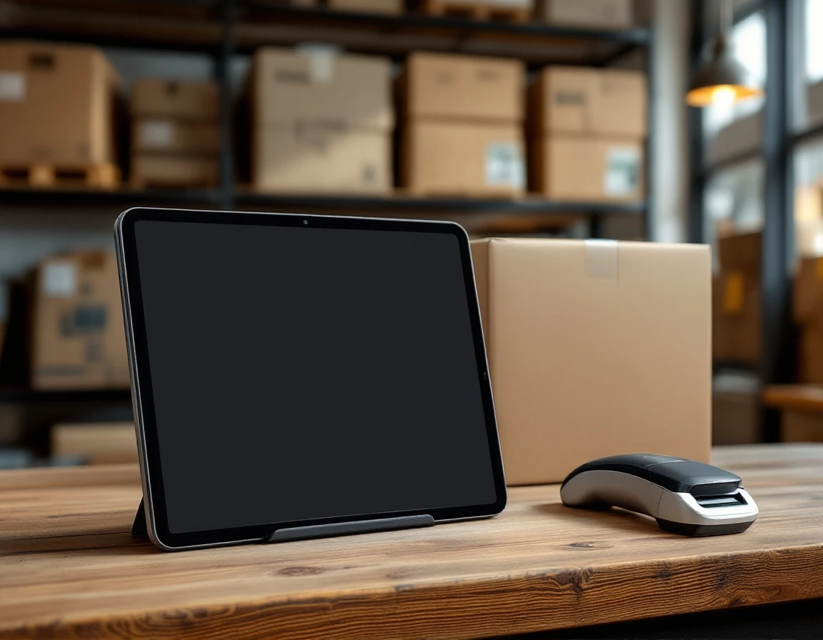 Blank POS tablet and barcode scanner on retail counter with shipping boxes on shelving behind