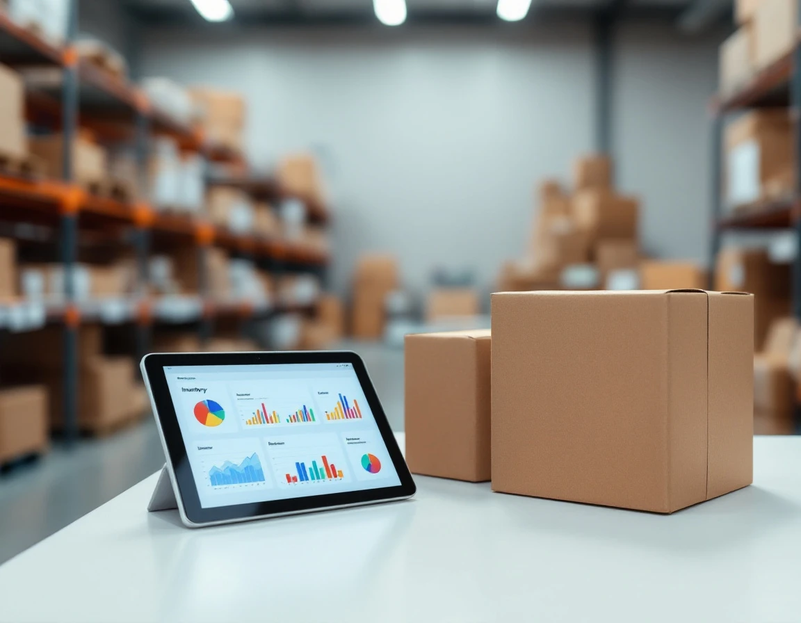 Tablet displaying inventory analytics beside shipping boxes on retail counter with warehouse storage in background