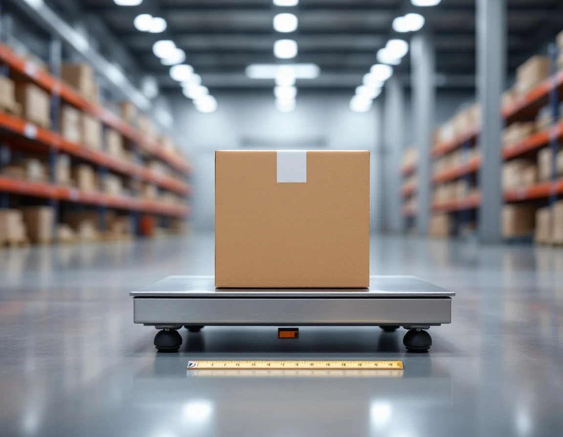 Cardboard shipping box on industrial warehouse scale demonstrating dimensional weight measurement process