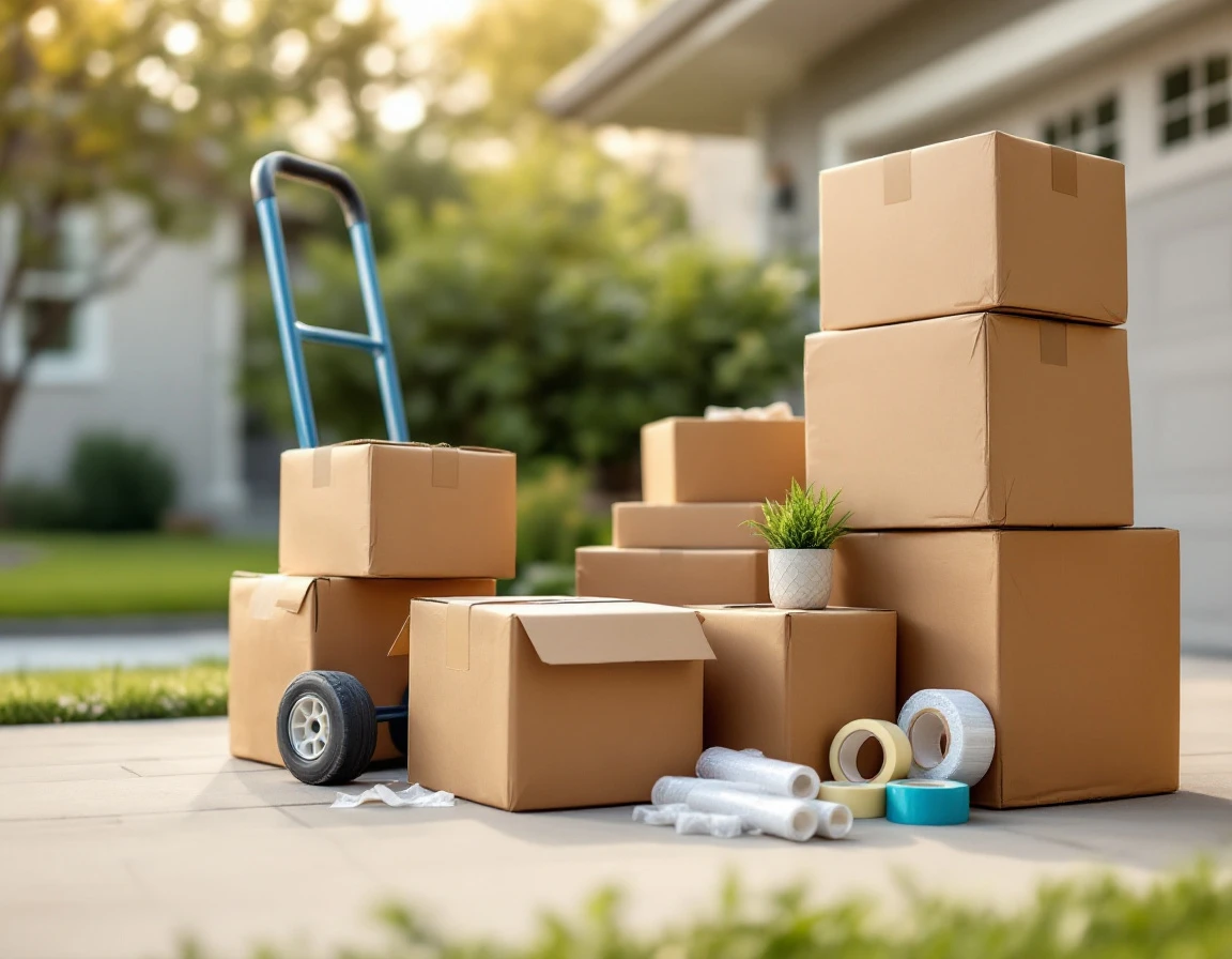 Cardboard boxes and packing materials arranged on driveway with hand truck for college move preparation
