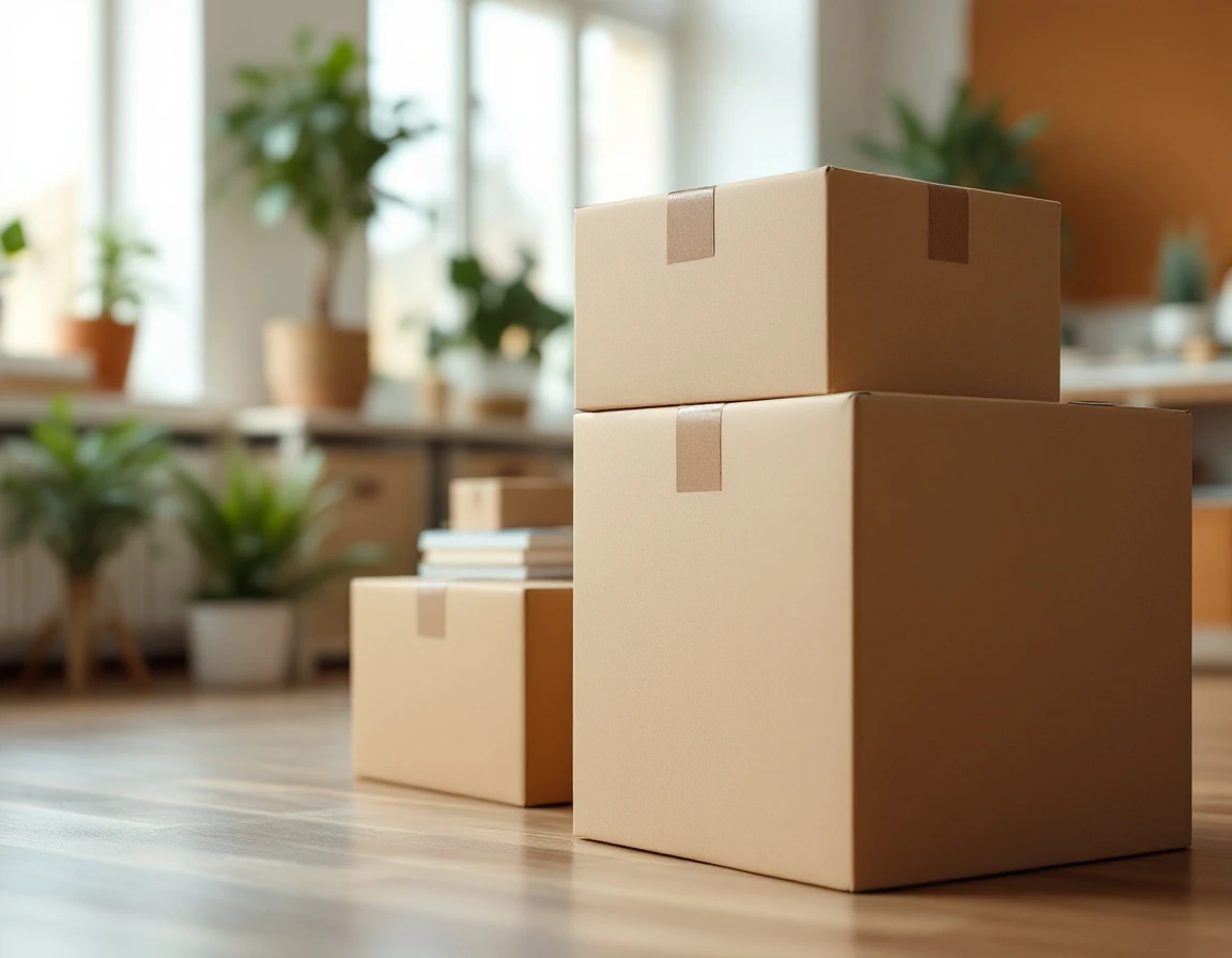 Unmarked cardboard boxes stacked and ready for efficient college dorm shipping with natural window lighting