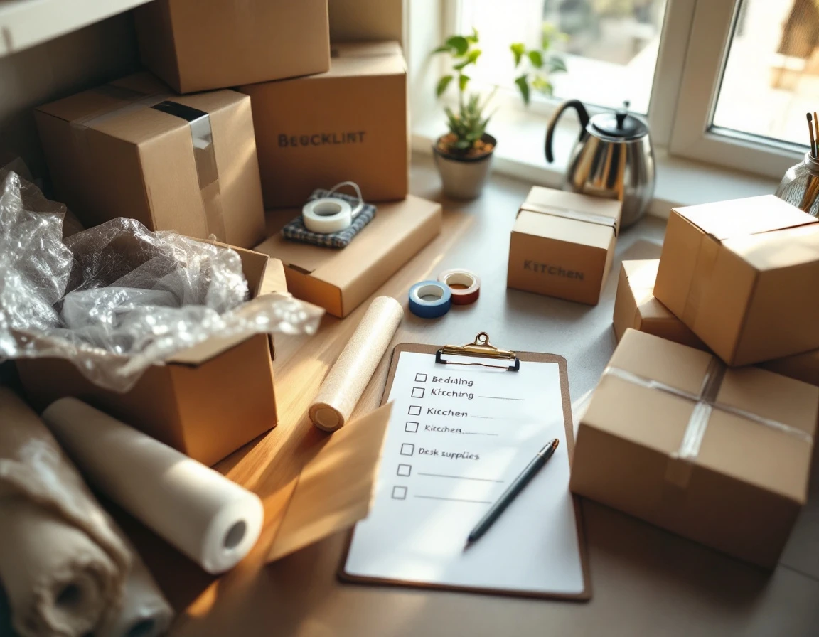 Organized packing station with shipping boxes, checklist, and supplies for college move-in preparation