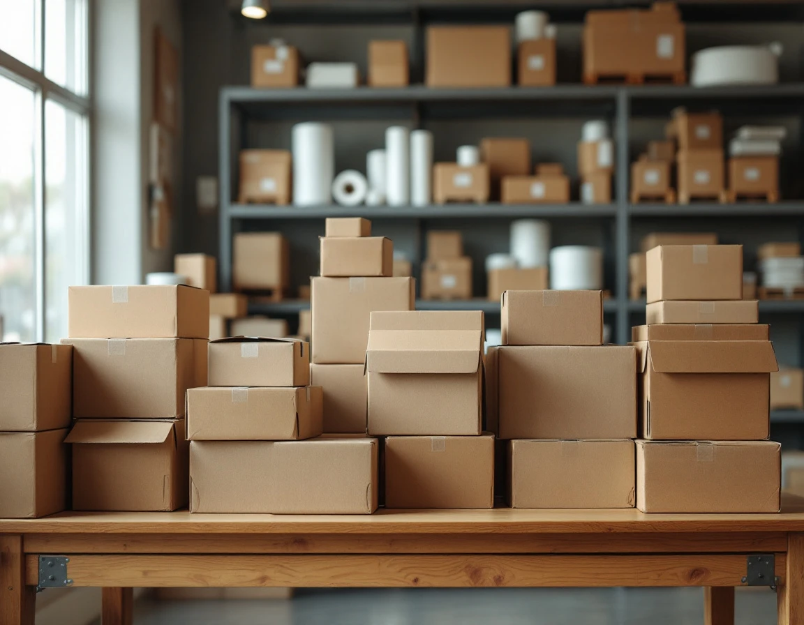 Organized packing station with varied shipping boxes and supplies in a small business pack-and-ship store