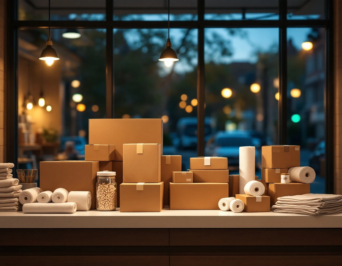 Pack-and-ship store counter with organized shipping supplies and materials during evening hours