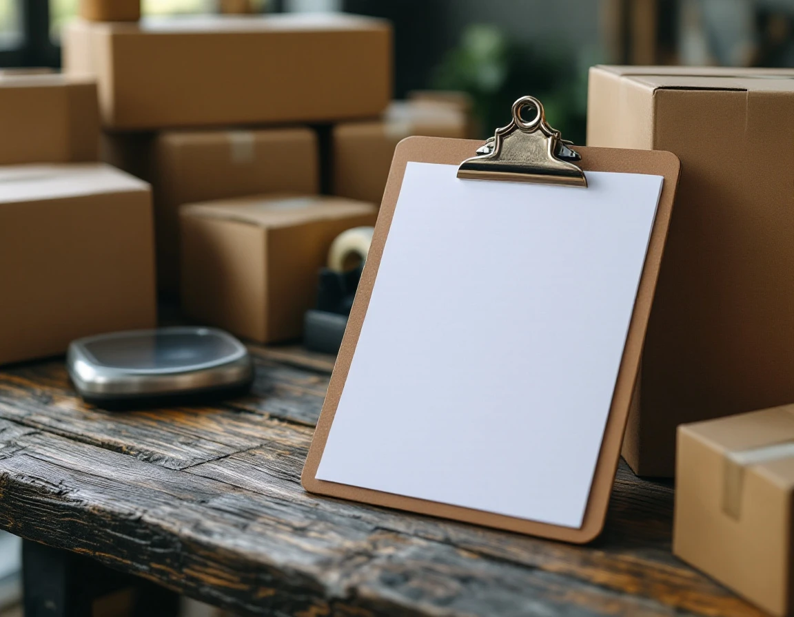 Clipboard with blank paper and shipping supplies on desk in professional pack-and-ship workspace