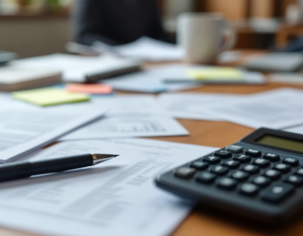 Calculator and blank shipping forms on wooden desk with coffee mug suggesting rate calculation work