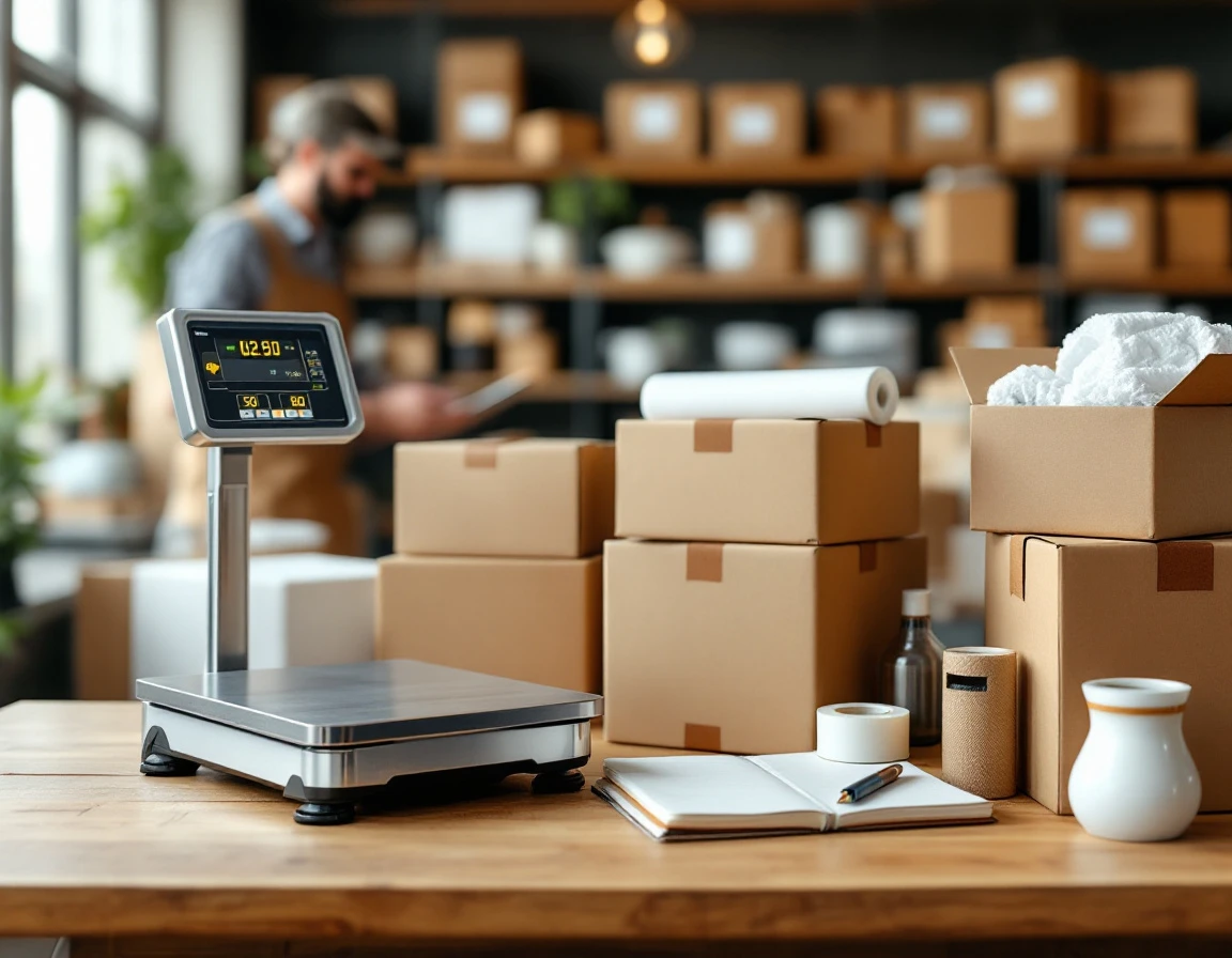 Shipping scale and cardboard boxes on wooden desk in pack-and-ship store workspace