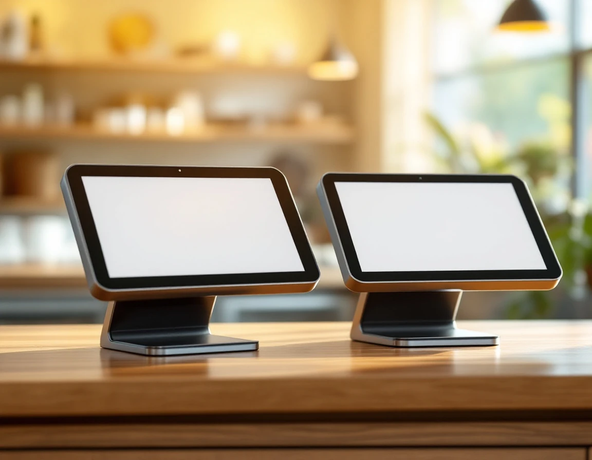 Modern POS terminals on retail counter with blank screens in natural lighting