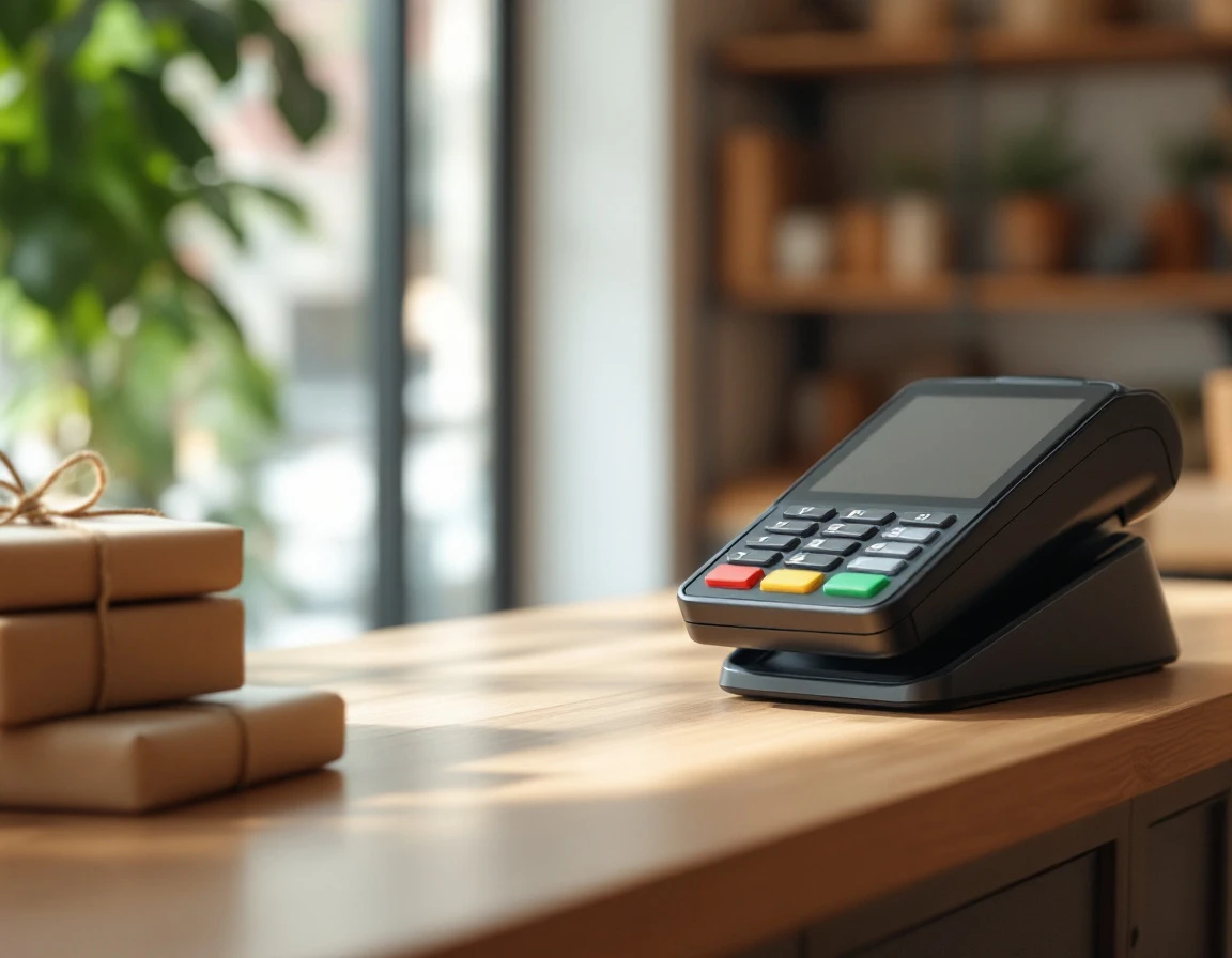 Point-of-sale terminal and card reader on retail counter with wrapped parcels in small business setting