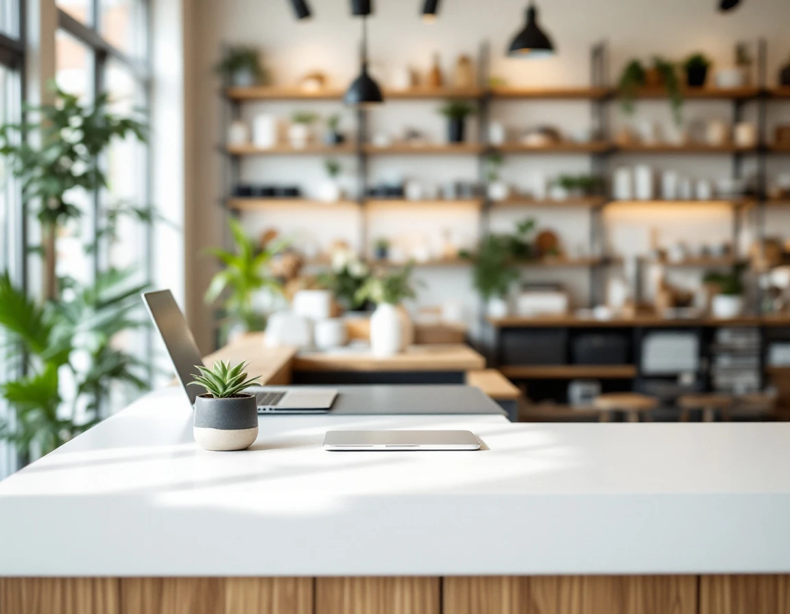 Modern retail checkout counter with laptop and minimalist design in contemporary independent store