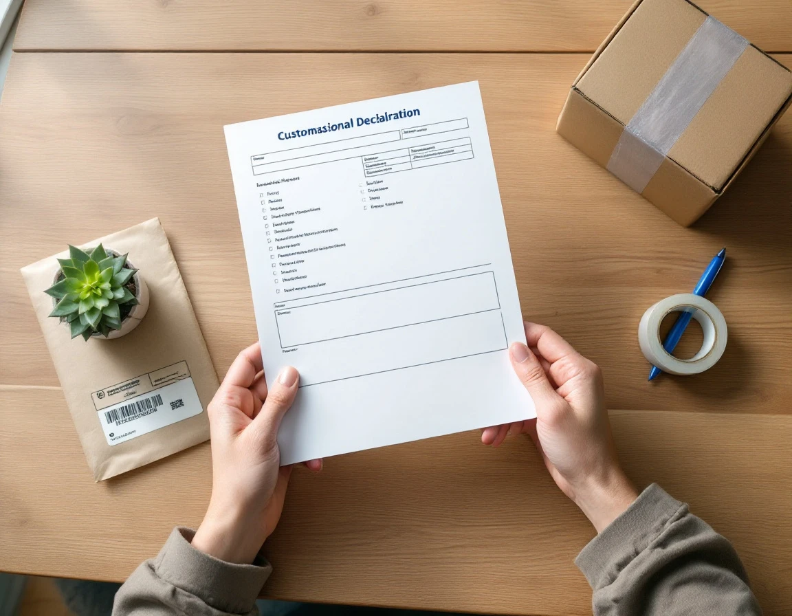 Hands reviewing blank customs forms with international shipping materials on desk
