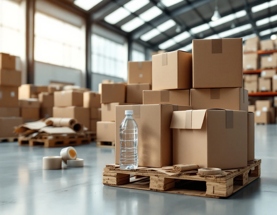 Shipping boxes, water bottle, and packaging materials arranged in warehouse staging area with natural lighting