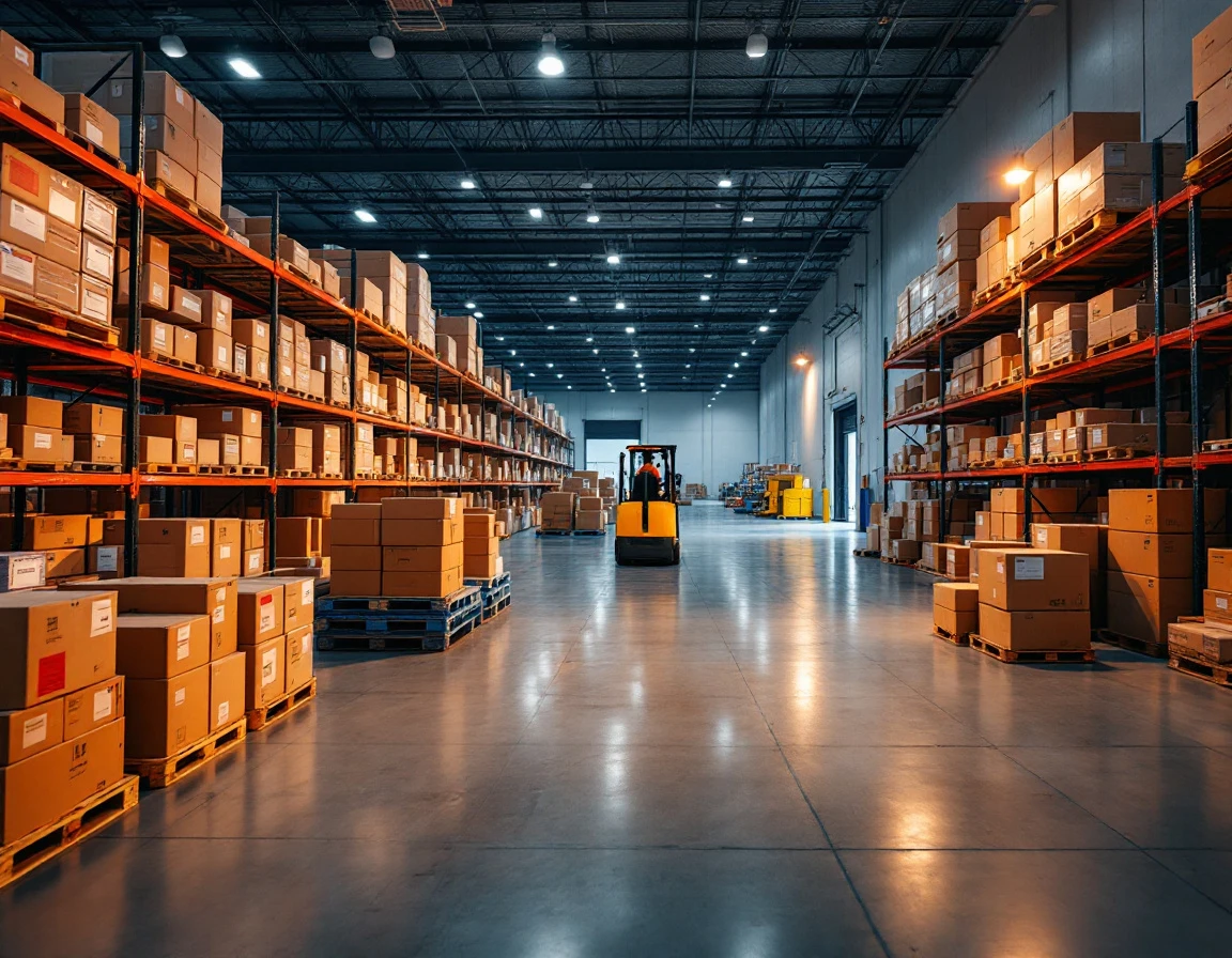 International shipping warehouse with organized pallets and packages awaiting customs processing at dusk