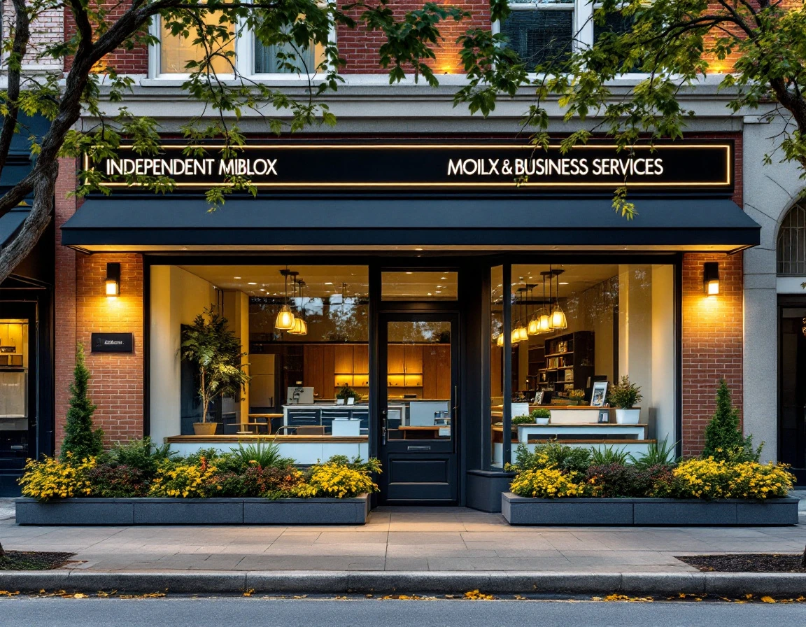Professional independent mailbox rental storefront with modern facade and clean architectural design