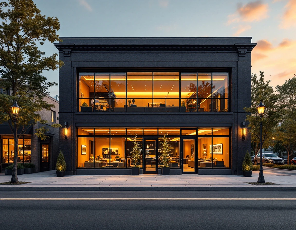 Modern brick commercial building at golden hour with professional storefront and contemporary architecture