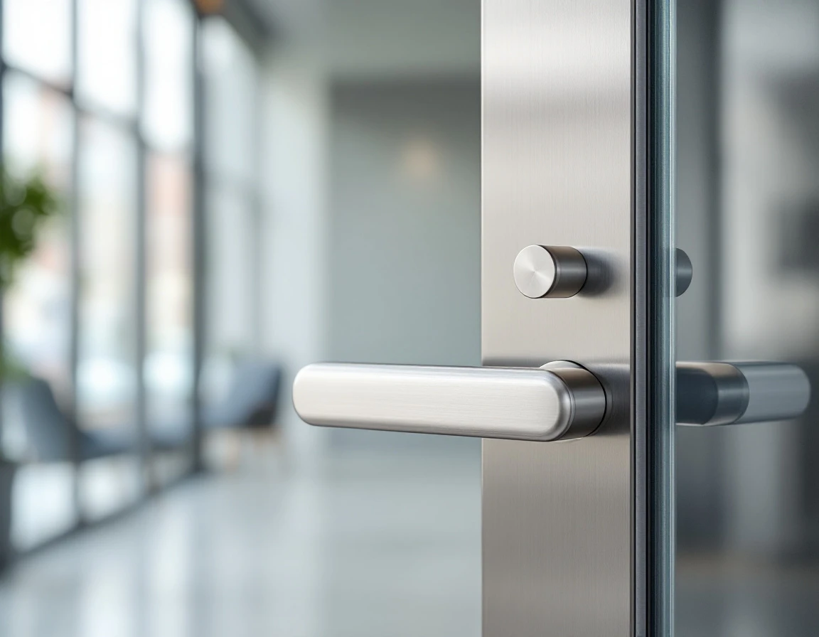 ADA-compliant door lever with ergonomic design on commercial entrance
