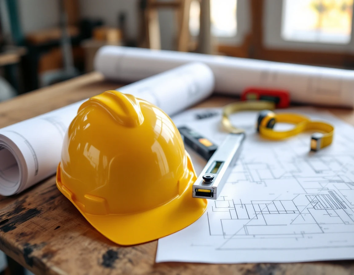 Professional construction tools and blueprints arranged on wooden workbench without visible measurements