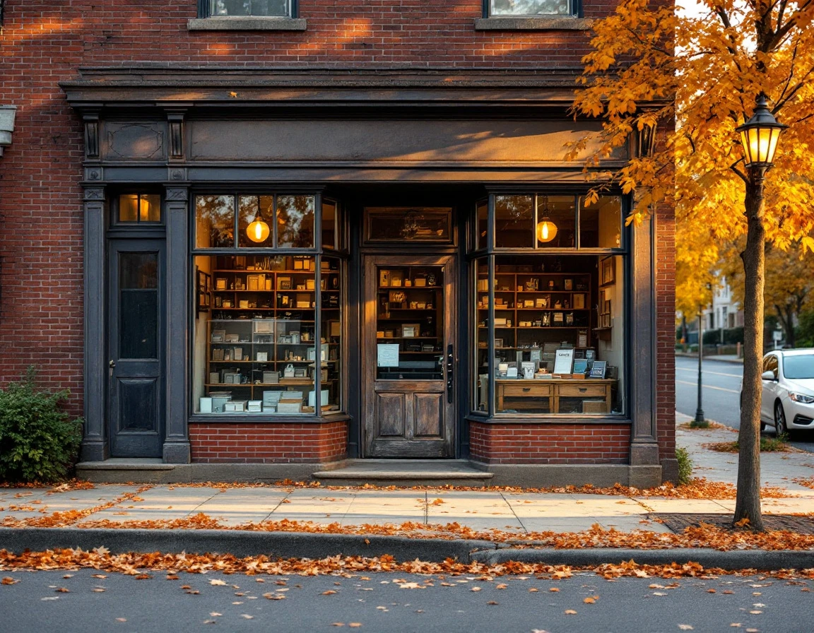 Independent mailbox rental storefront on residential street during autumn with natural golden hour lighting