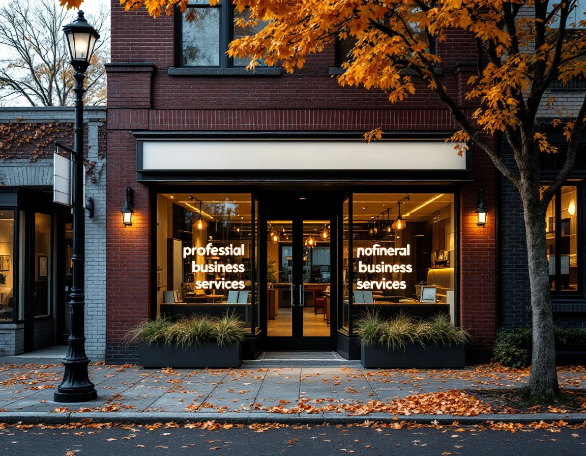 Professional business services storefront with brick facade and autumn foliage in established commercial district