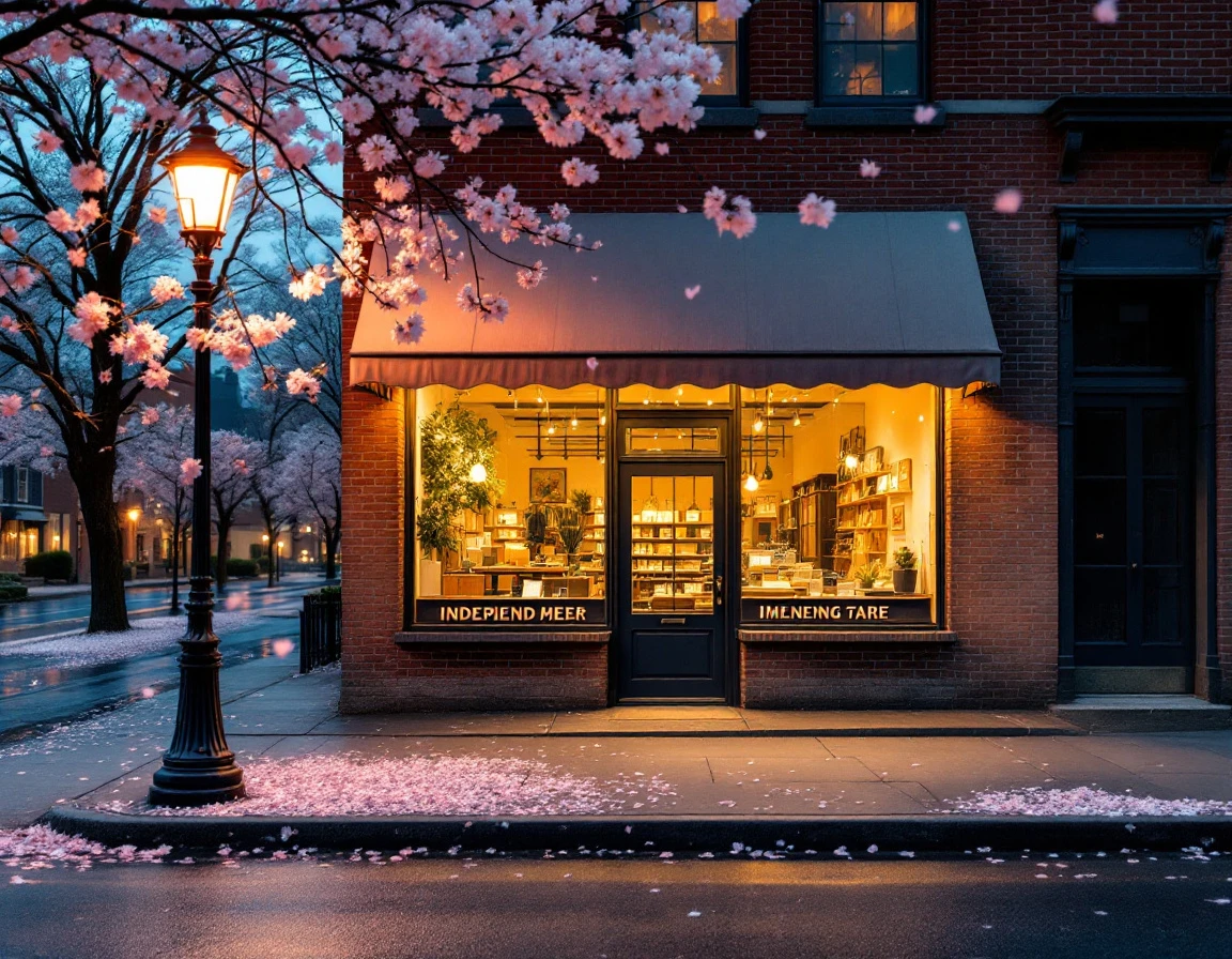 Independent storefront at twilight with cherry blossoms and warm interior lighting on wet spring evening