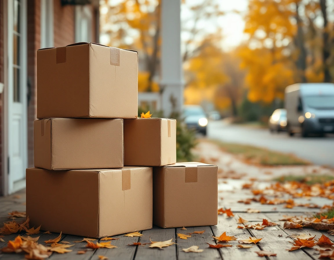 Stacked cardboard shipping boxes on residential porch during fall delivery season
