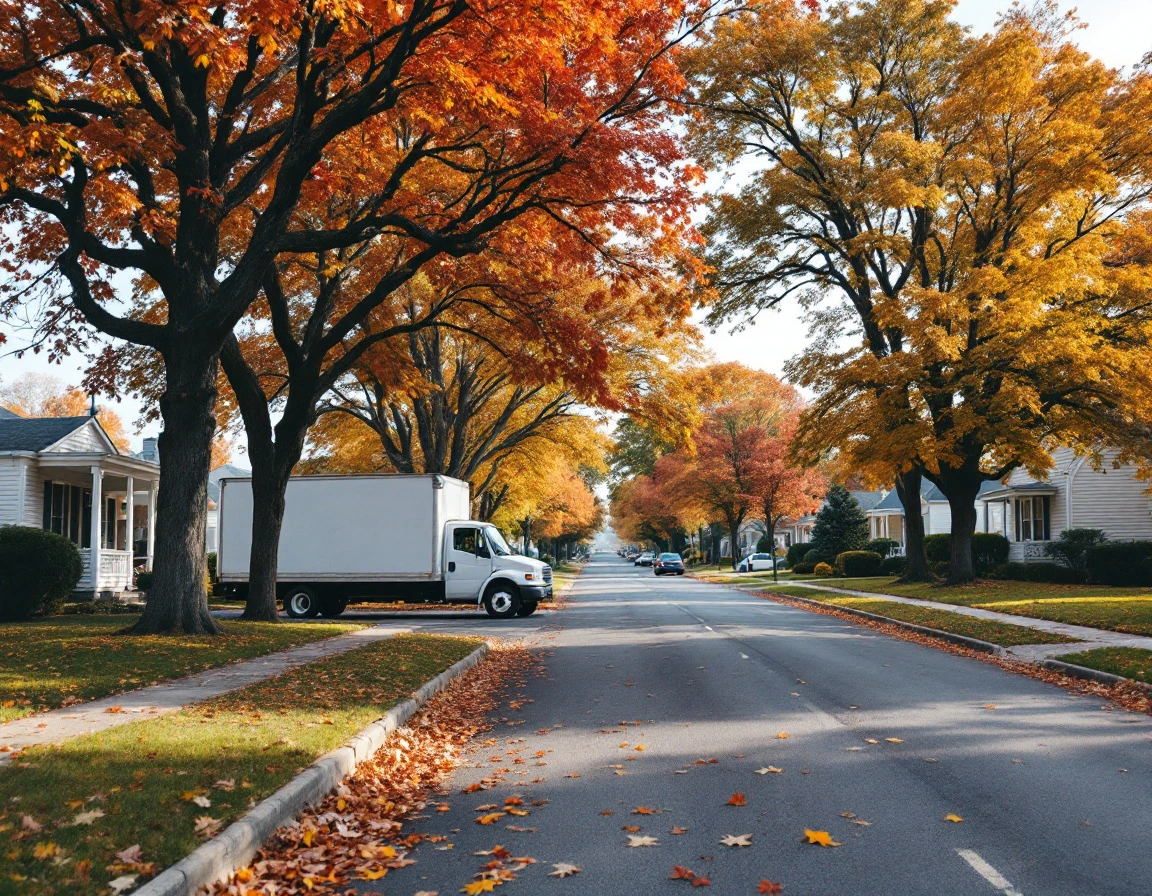 Delivery truck parked on suburban street lined with autumn foliage and residential homes