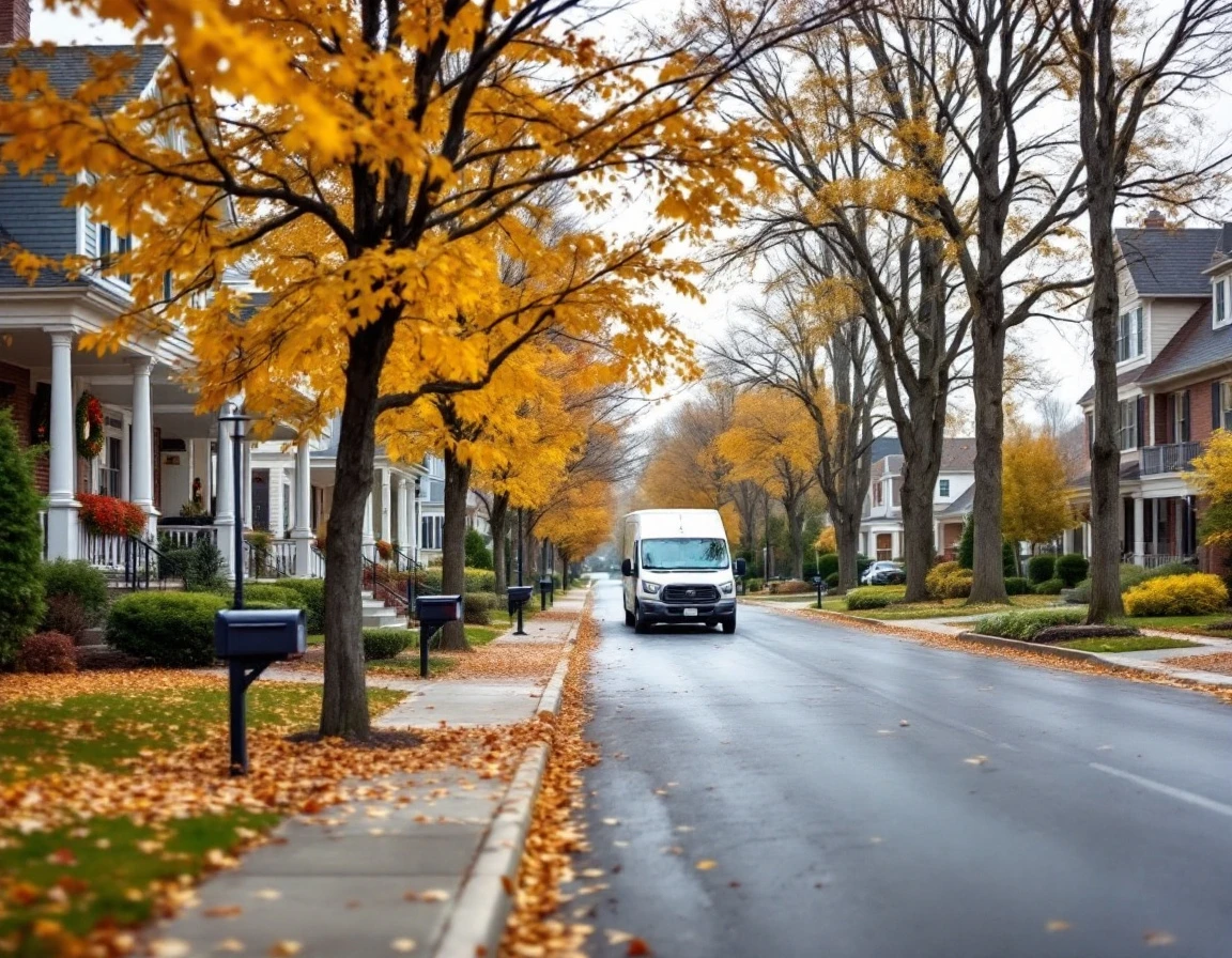 Suburban residential street during peak autumn delivery season with homes and parked delivery vehicle