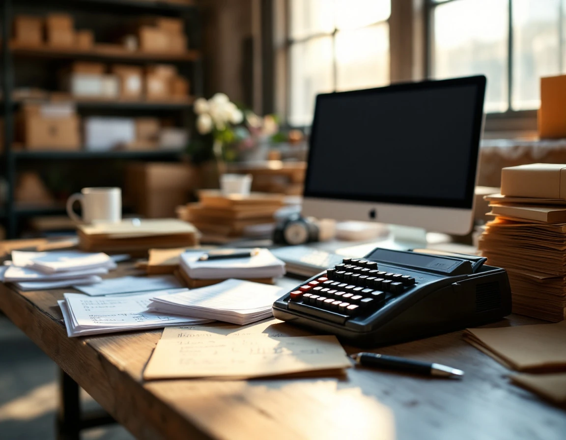 Cluttered retail workspace with manual inventory tools and scattered paperwork in warehouse setting
