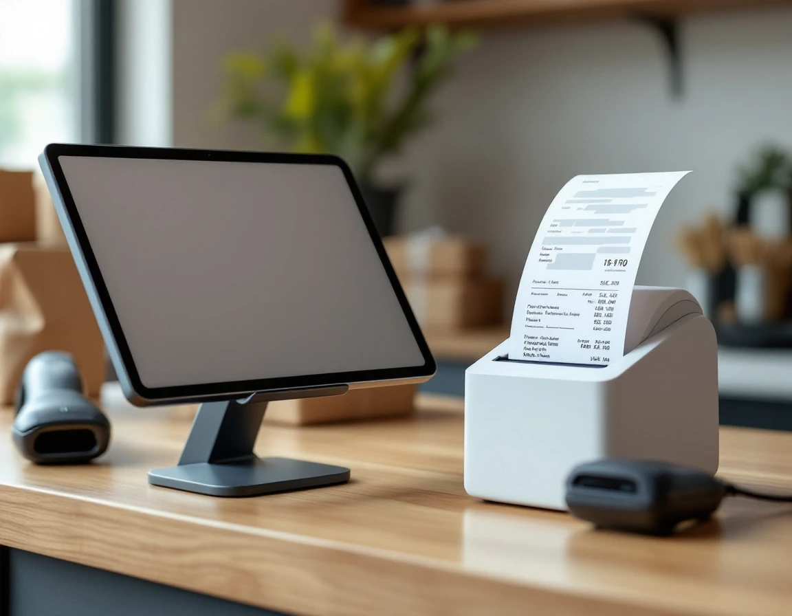 Modern retail POS system with tablet, thermal printer, and barcode scanner on wooden counter