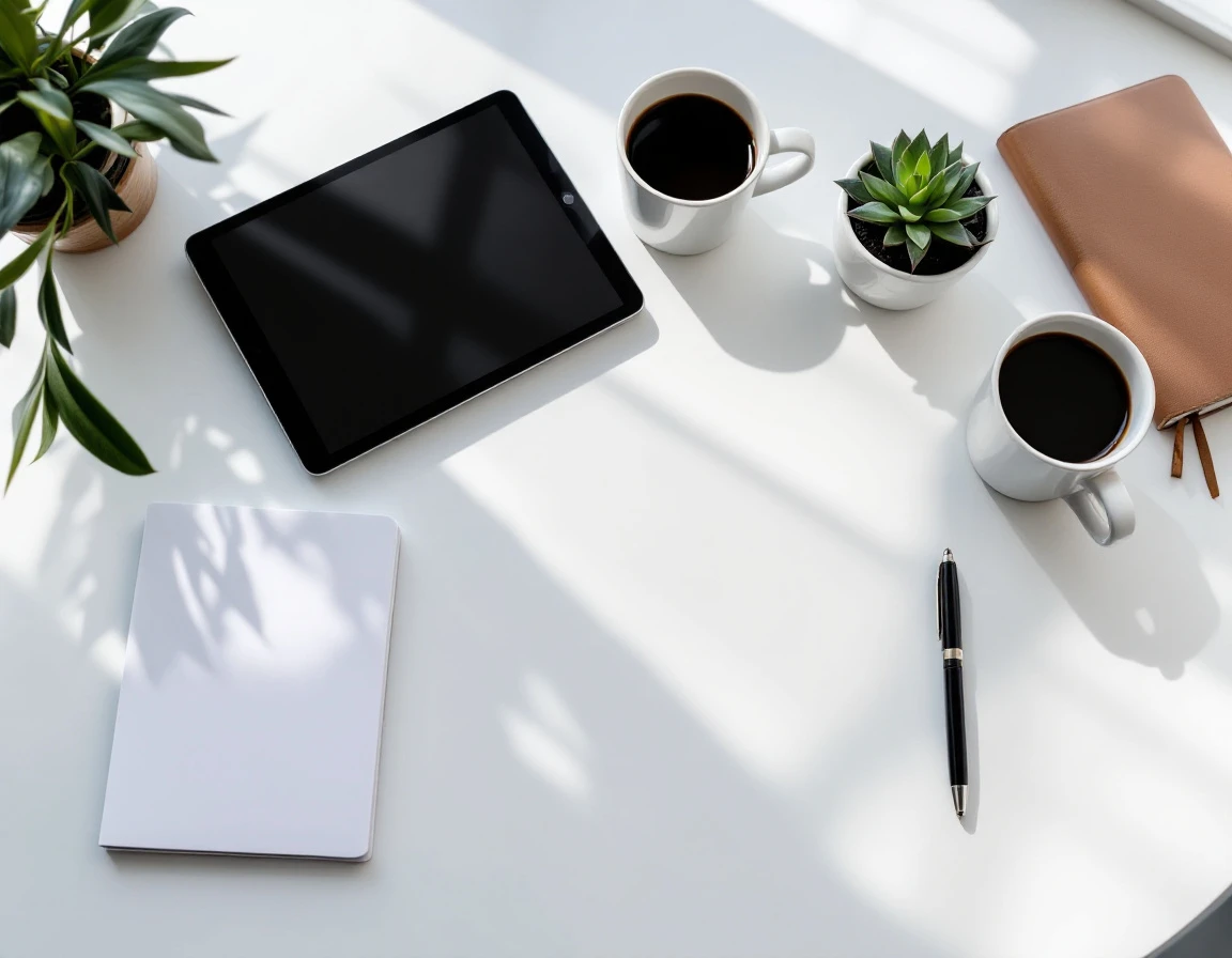 Organized desk workspace with tablet, coffee, and blank notepad in natural lighting