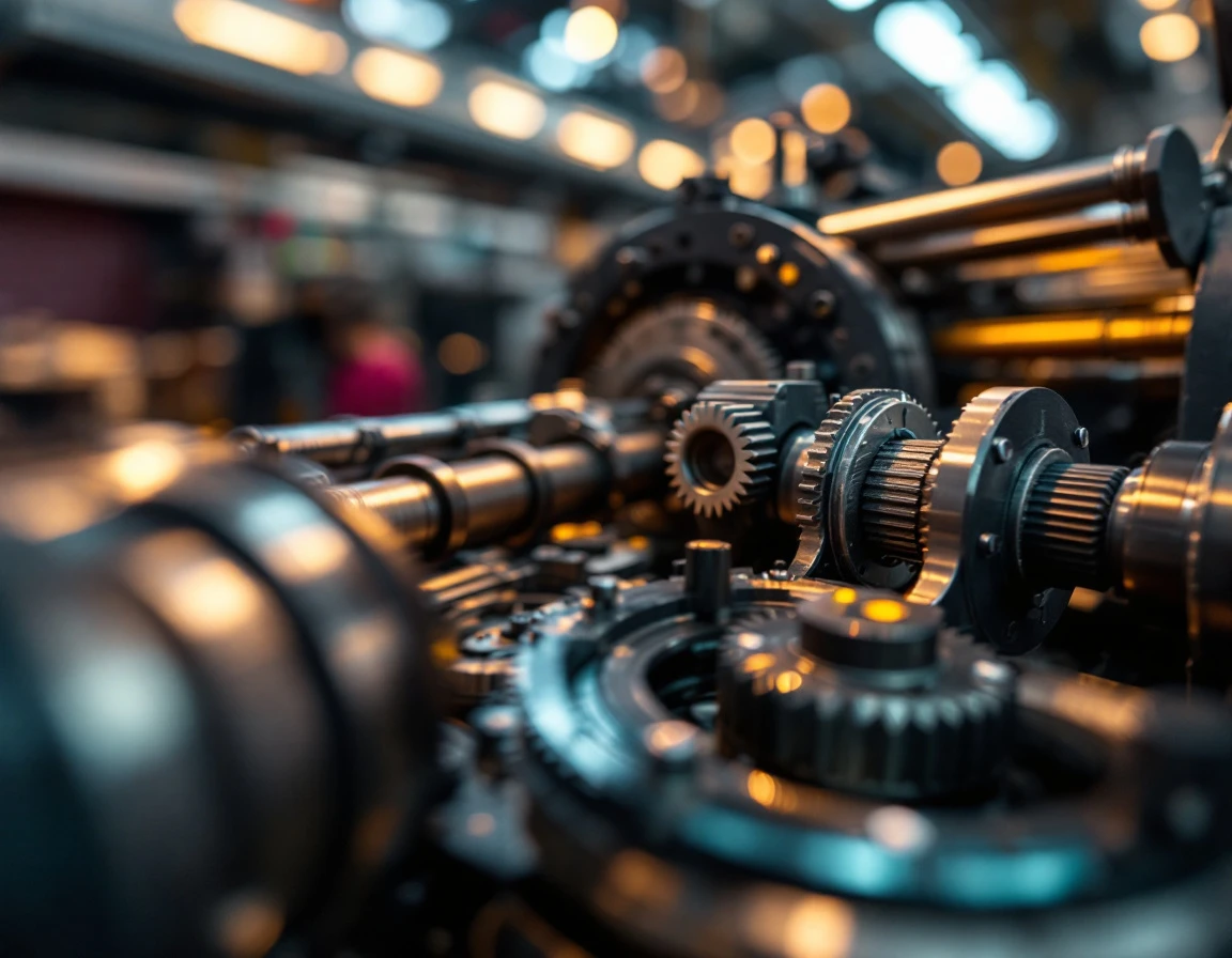 Close-up of offset printing press machinery showing mechanical rollers and precision components