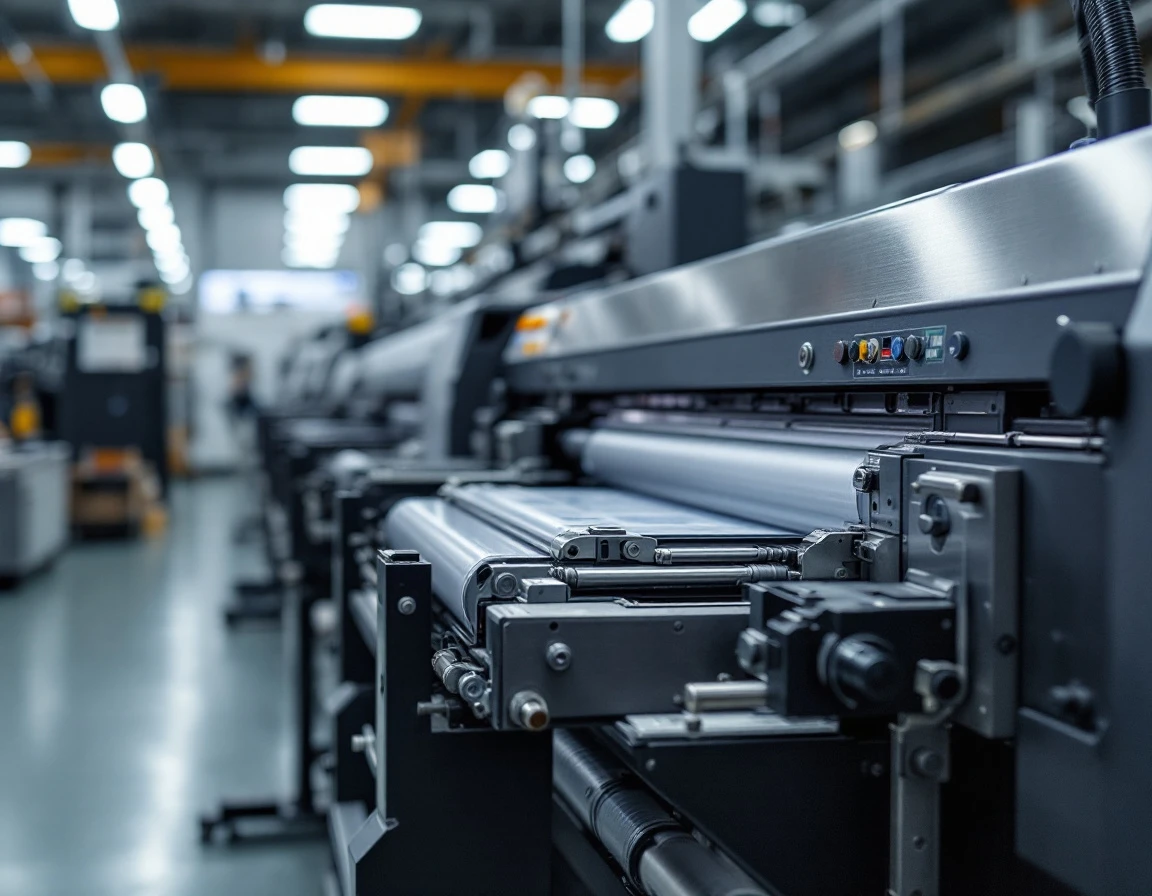 Industrial printing press machinery with precision rollers and automated feed mechanisms in operation