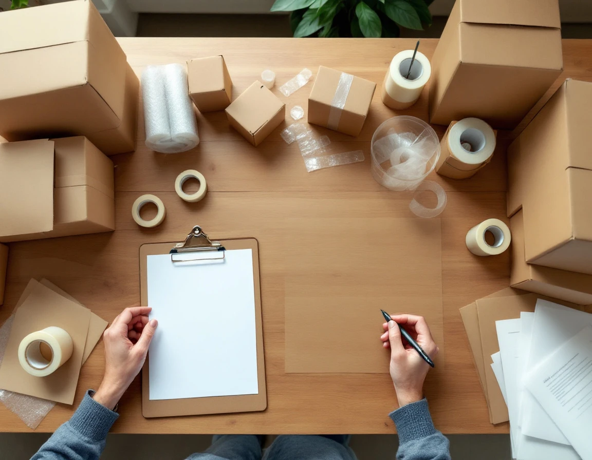 Pack-and-ship store workspace with shipping scale, boxes, packing materials, and operational documents