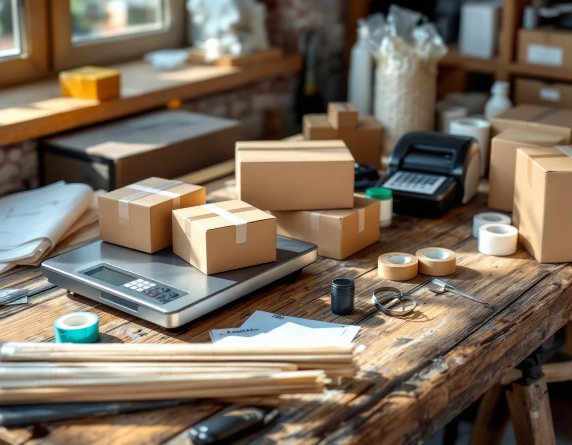 Shipping workspace with digital scale, label printer, and organized packing supplies on wooden desk