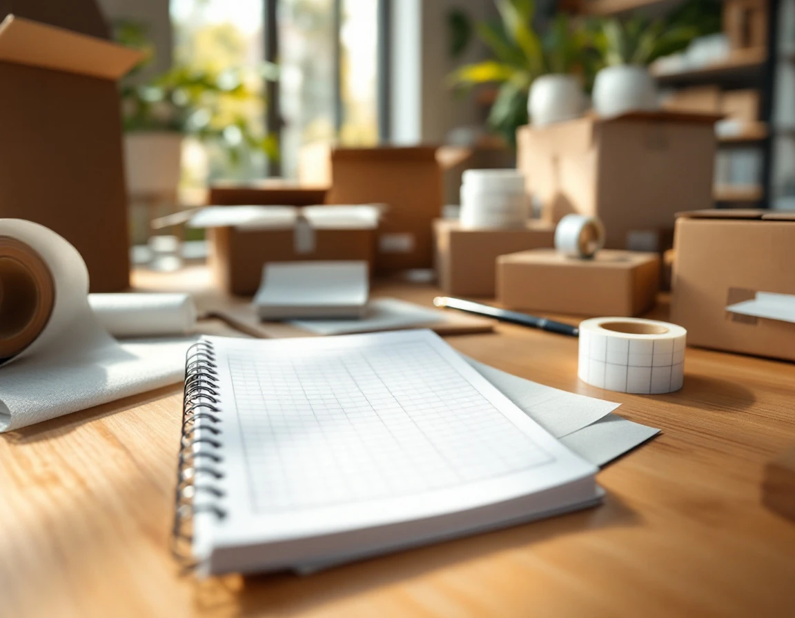 Shipping workspace with blank planner surrounded by packing materials, tape, and boxes on wooden desk