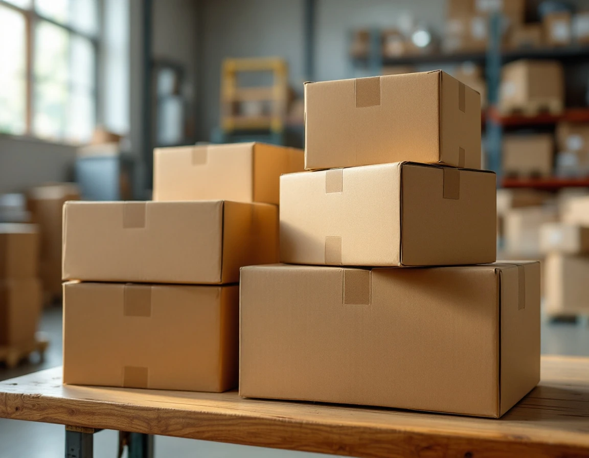 Stacked corrugated shipping boxes on warehouse packing table with natural directional lighting
